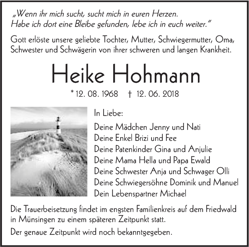  Traueranzeige für Heike Hohmann vom 15.06.2018 aus Alb-Bote/Metzinger-Uracher Volksblatt