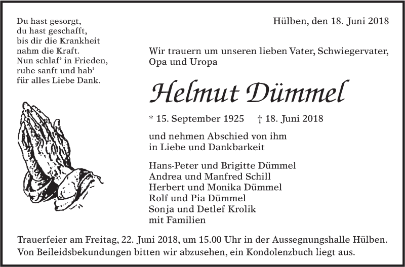  Traueranzeige für Helmut Dümmel vom 20.06.2018 aus Alb-Bote/Metzinger-Uracher Volksblatt
