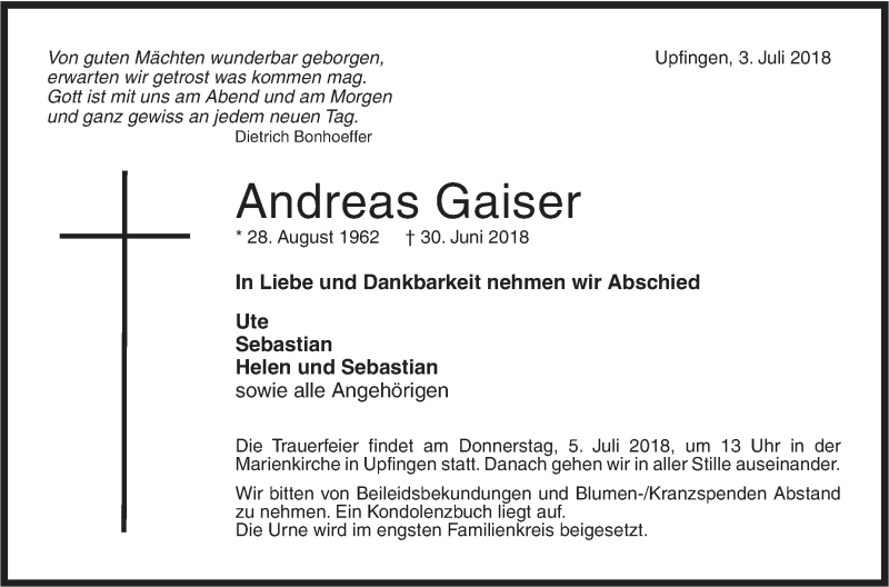  Traueranzeige für Andreas Gaiser vom 03.07.2018 aus Metzinger-Uracher Volksblatt