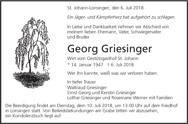  Traueranzeige für Georg Griesinger vom 07.07.2018 aus Alb-Bote/Metzinger-Uracher Volksblatt