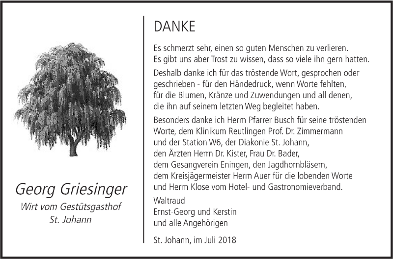  Traueranzeige für Georg Griesinger vom 14.07.2018 aus Alb-Bote/Metzinger-Uracher Volksblatt