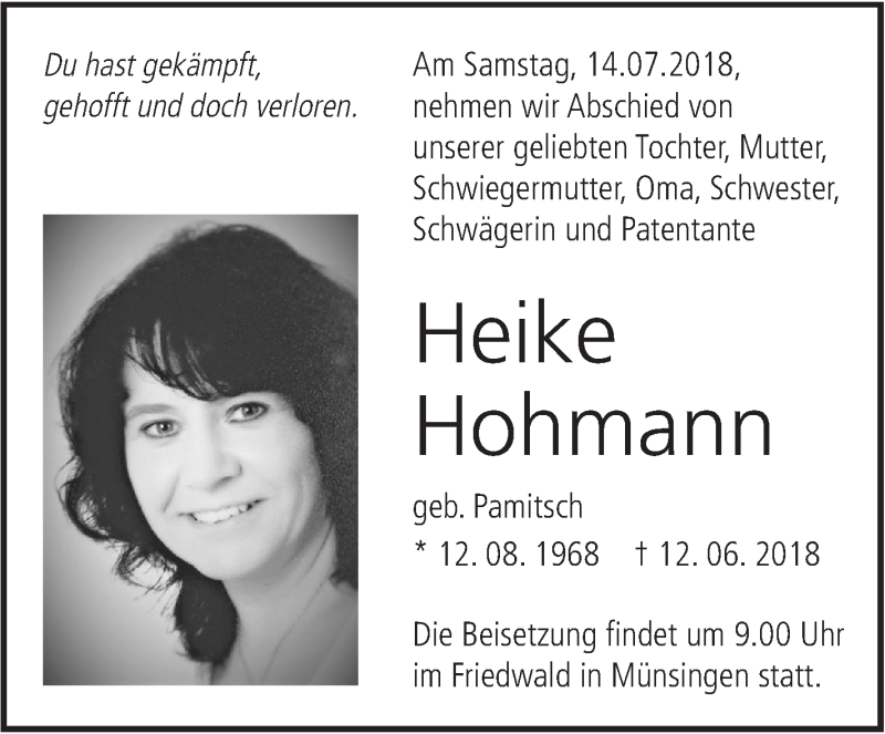  Traueranzeige für Heike Hohmann vom 12.07.2018 aus Alb-Bote/Metzinger-Uracher Volksblatt