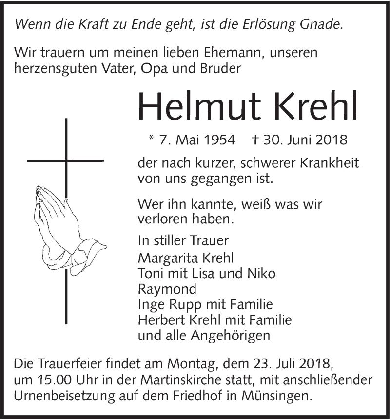  Traueranzeige für Helmut Krehl vom 16.07.2018 aus Alb-Bote/Metzinger-Uracher Volksblatt