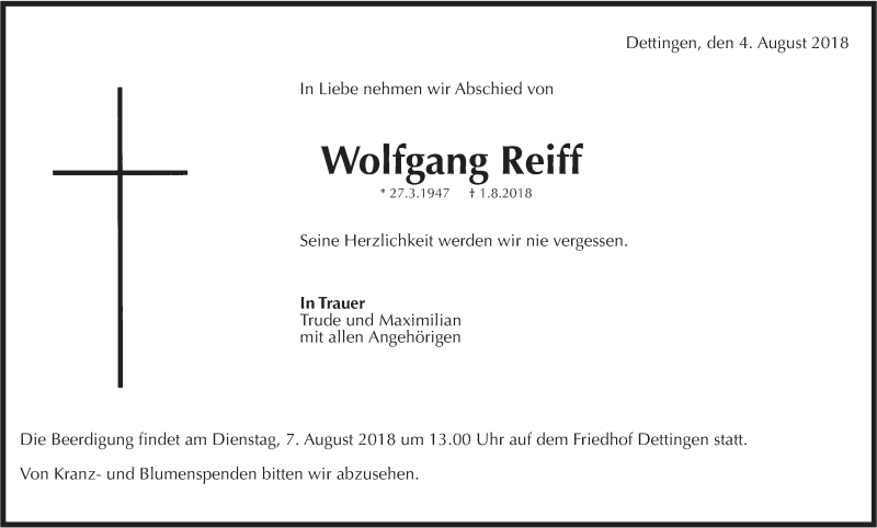  Traueranzeige für Wolfgang Reiff vom 04.08.2018 aus Metzinger-Uracher Volksblatt