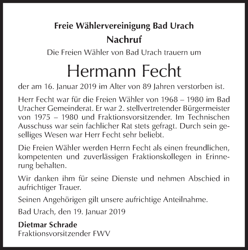  Traueranzeige für Hermann Fecht vom 19.01.2019 aus Metzinger-Uracher Volksblatt