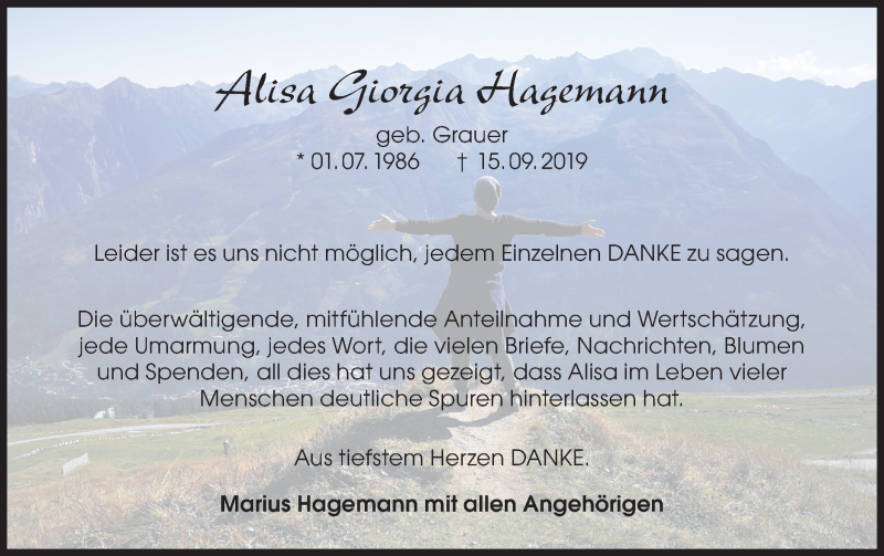  Traueranzeige für Alisa Giorgia Hagemann vom 12.10.2019 aus Haller Tagblatt