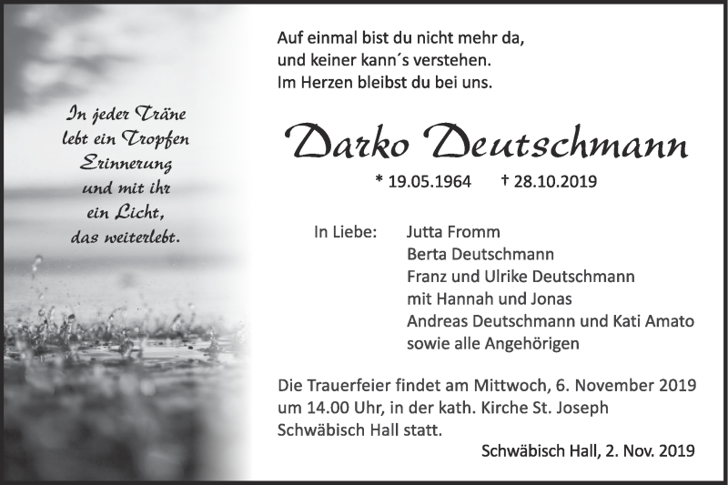  Traueranzeige für Darko Deutschmann vom 02.11.2019 aus Haller Tagblatt