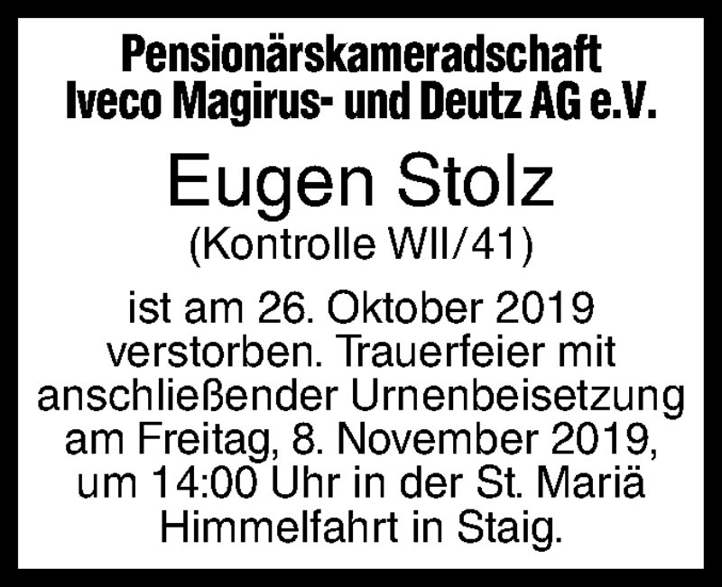 Traueranzeige für Eugen Stolz vom 02.11.2019 aus SÜDWEST PRESSE Ausgabe Ulm/Neu-Ulm