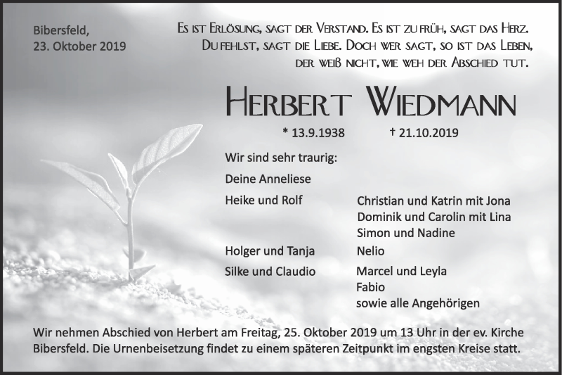  Traueranzeige für Herbert Wiedmann vom 23.10.2019 aus Haller Tagblatt