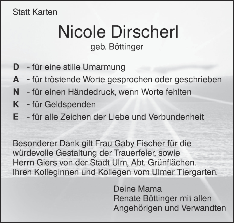  Traueranzeige für Nicole Dirscherl vom 09.10.2019 aus SÜDWEST PRESSE Ausgabe Ulm/Neu-Ulm