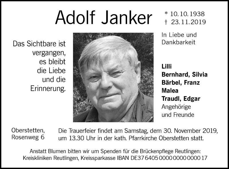  Traueranzeige für Adolf Janker vom 27.11.2019 aus Alb-Bote/Metzinger-Uracher Volksblatt