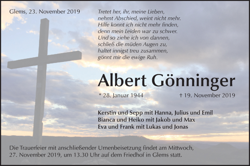  Traueranzeige für Albert Gönninger vom 21.11.2019 aus Metzinger-Uracher Volksblatt