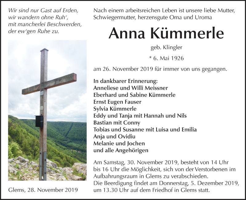  Traueranzeige für Anna Kümmerle vom 28.11.2019 aus Metzinger-Uracher Volksblatt