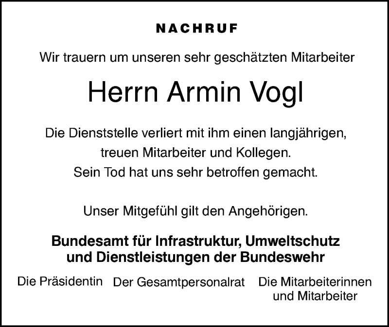  Traueranzeige für Armin Vogl vom 15.11.2019 aus SÜDWEST PRESSE Ausgabe Ulm/Neu-Ulm