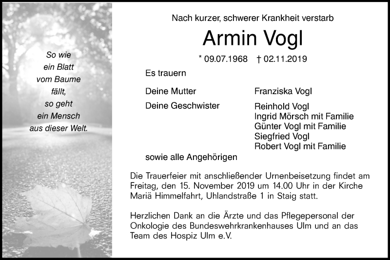  Traueranzeige für Armin Vogl vom 09.11.2019 aus SÜDWEST PRESSE Ausgabe Ulm/Neu-Ulm