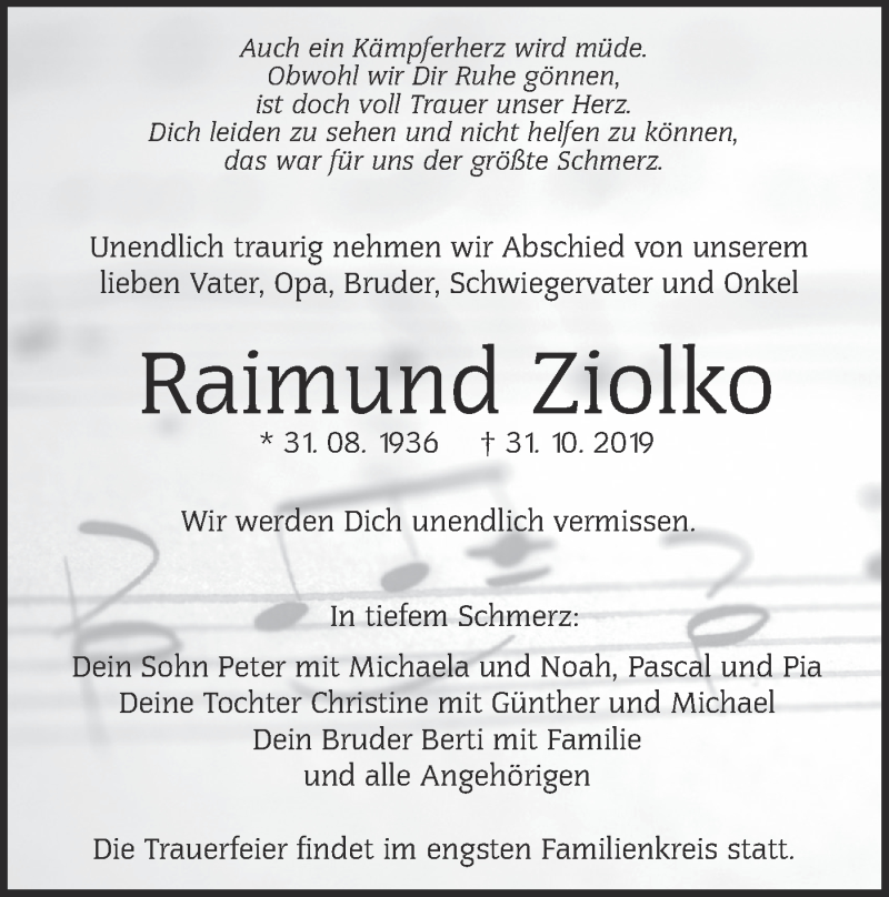 Traueranzeige für Raimund Ziolko vom 05.11.2019 aus Alb-Bote/Metzinger-Uracher Volksblatt