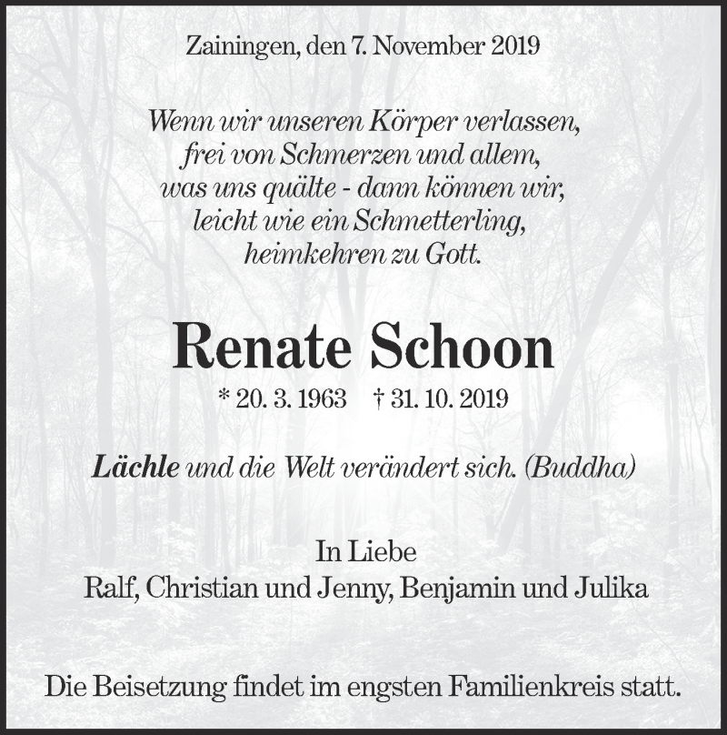  Traueranzeige für Renate Schoon vom 07.11.2019 aus Alb-Bote/Metzinger-Uracher Volksblatt