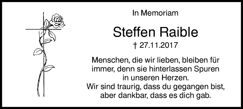  Traueranzeige für Steffen Raible vom 27.11.2019 aus SÜDWEST PRESSE Ausgabe Ulm/Neu-Ulm