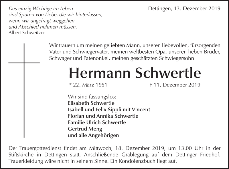  Traueranzeige für Hermann Schwertle vom 13.12.2019 aus Metzinger-Uracher Volksblatt