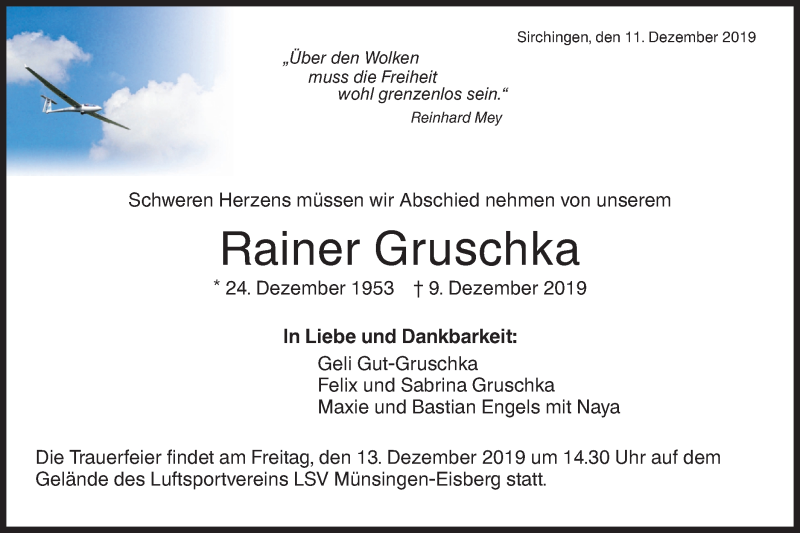 Traueranzeige für Rainer Gruschka vom 11.12.2019 aus Metzinger-Uracher Volksblatt