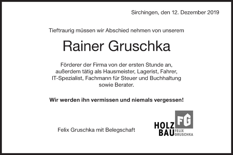  Traueranzeige für Rainer Gruschka vom 05.12.2019 aus Metzinger-Uracher Volksblatt