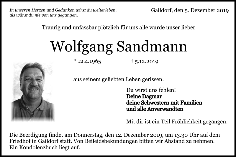  Traueranzeige für Wolfgang Sandmann vom 10.12.2019 aus Rundschau Gaildorf