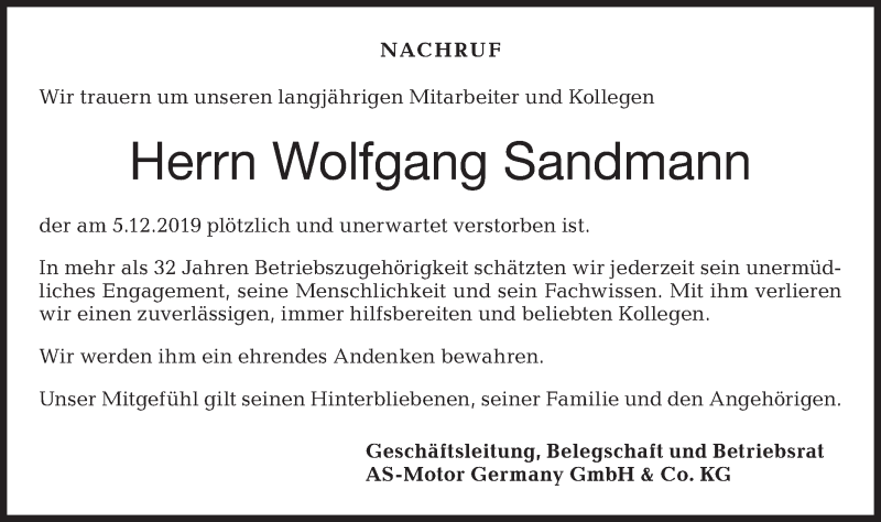  Traueranzeige für Wolfgang Sandmann vom 12.12.2019 aus Rundschau Gaildorf