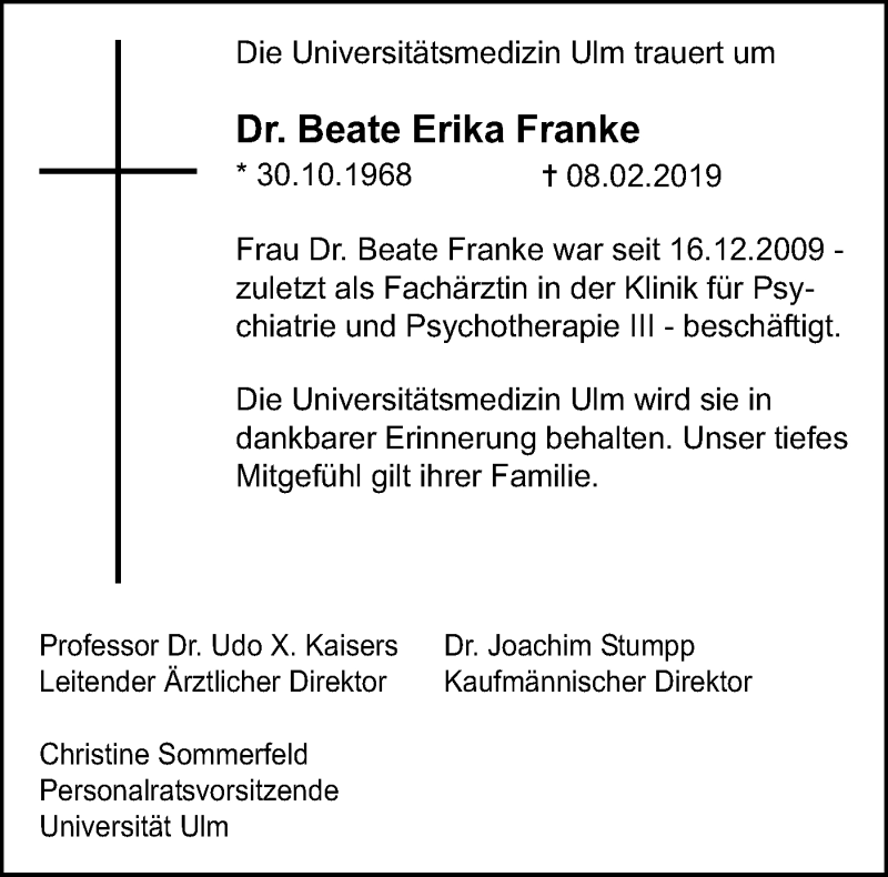  Traueranzeige für Beate Erika Franke vom 22.02.2019 aus SÜDWEST PRESSE Ausgabe Ulm/Neu-Ulm