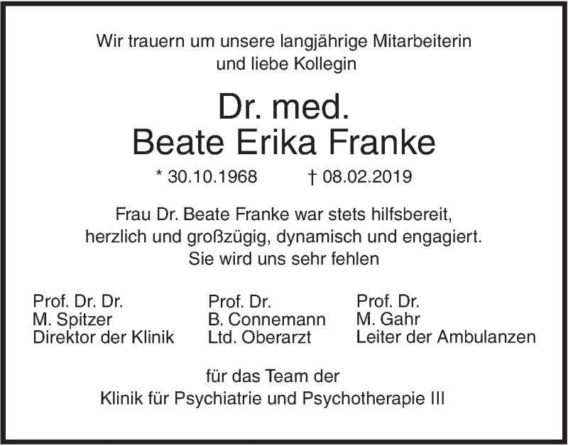  Traueranzeige für Beate Erika Franke vom 20.02.2019 aus SÜDWEST PRESSE Ausgabe Ulm/Neu-Ulm