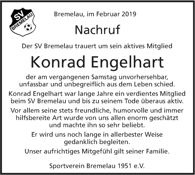  Traueranzeige für Konrad Engelhart vom 15.02.2019 aus Alb-Bote/Metzinger-Uracher Volksblatt