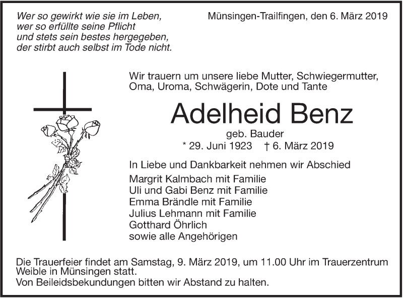  Traueranzeige für Adelheid Benz vom 08.03.2019 aus Alb-Bote/Metzinger-Uracher Volksblatt