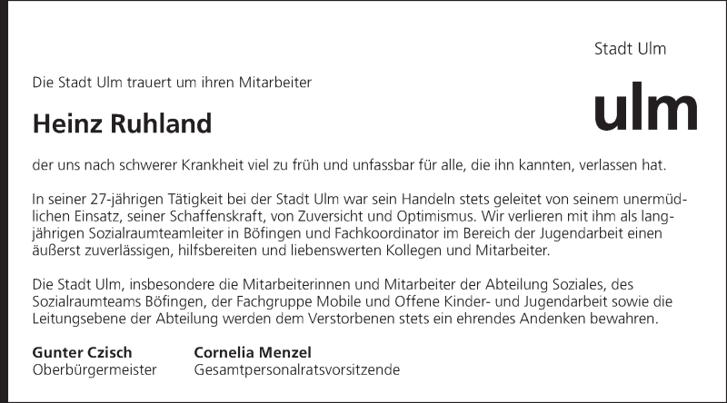  Traueranzeige für Heinz Ruhland vom 08.03.2019 aus SÜDWEST PRESSE Ausgabe Ulm/Neu-Ulm