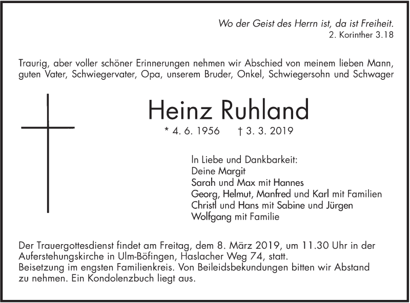  Traueranzeige für Heinz Ruhland vom 06.03.2019 aus SÜDWEST PRESSE Ausgabe Ulm/Neu-Ulm