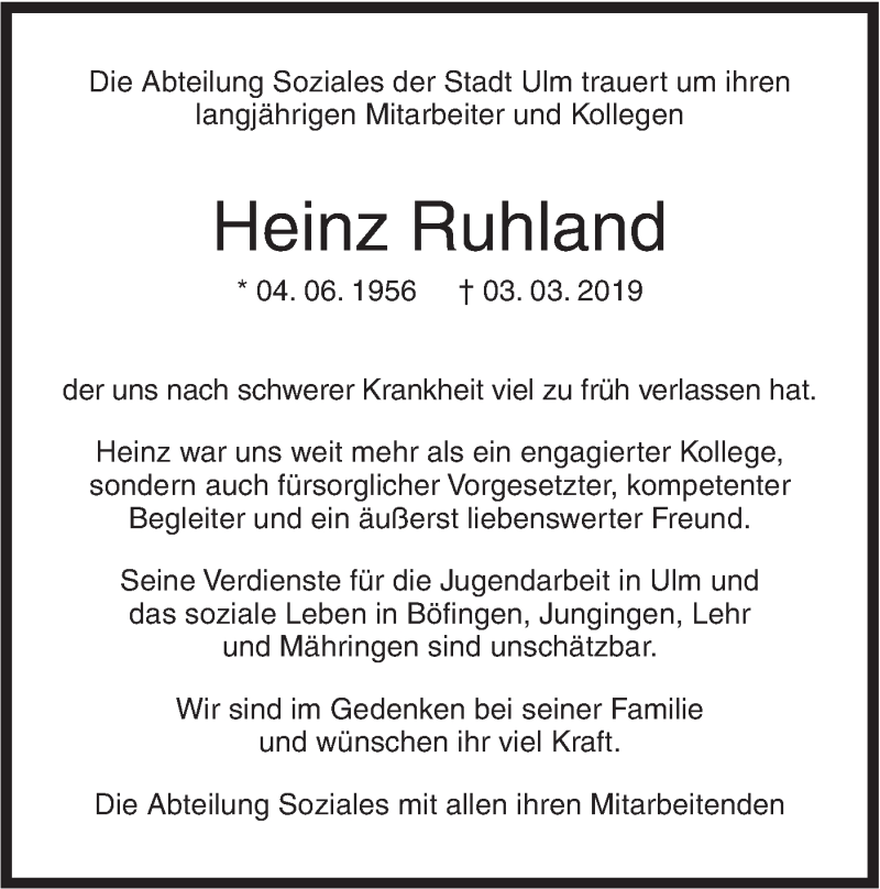  Traueranzeige für Heinz Ruhland vom 08.03.2019 aus SÜDWEST PRESSE Ausgabe Ulm/Neu-Ulm