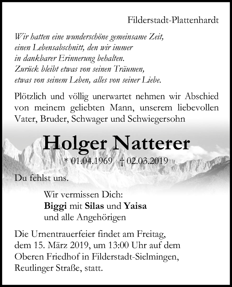  Traueranzeige für Holger Natterer vom 08.03.2019 aus Metzinger-Uracher Volksblatt