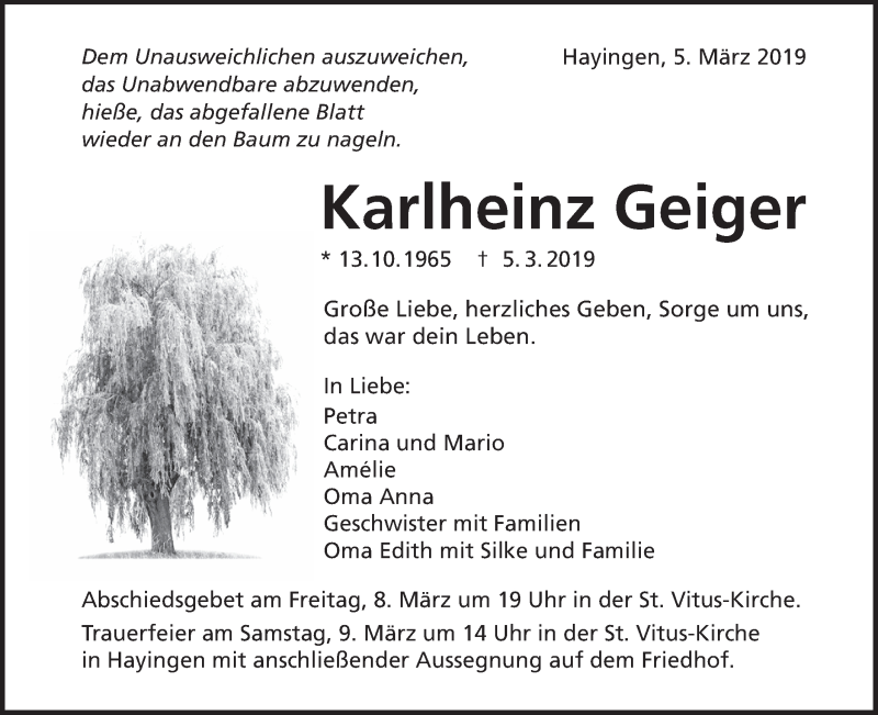  Traueranzeige für Karlheinz Geiger vom 08.03.2019 aus Alb-Bote/Metzinger-Uracher Volksblatt