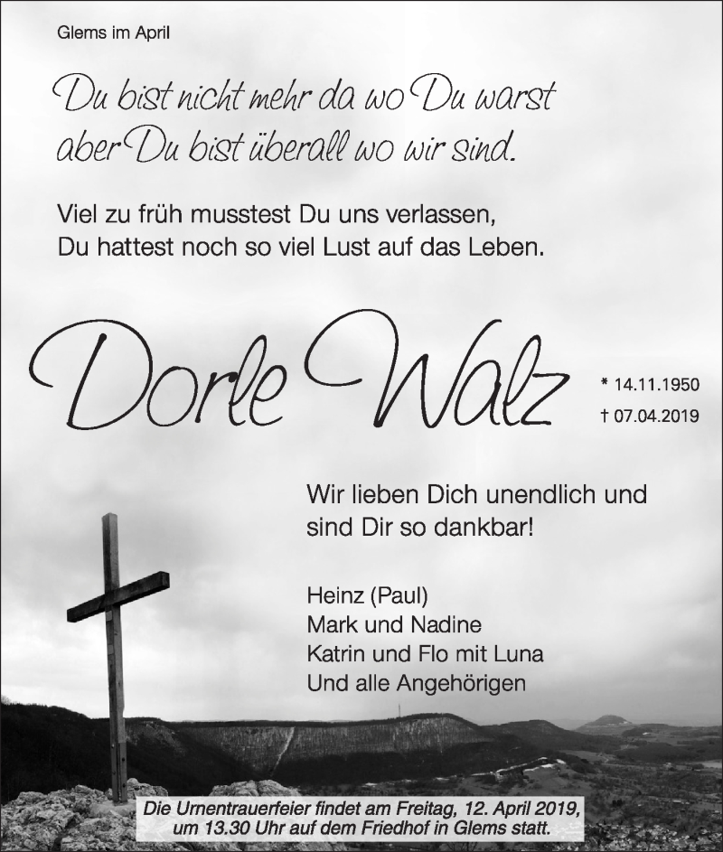  Traueranzeige für Dorle Walz vom 11.04.2019 aus Metzinger-Uracher Volksblatt
