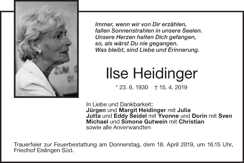  Traueranzeige für Ilse Heidinger vom 16.04.2019 aus NWZ Neue Württembergische Zeitung