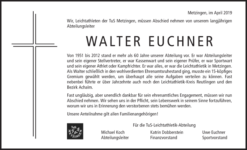  Traueranzeige für Walter Euchner vom 23.04.2019 aus Metzinger-Uracher Volksblatt