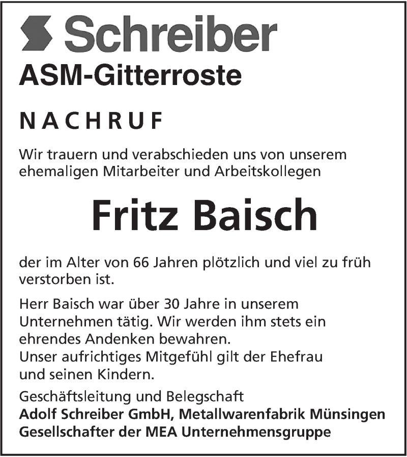  Traueranzeige für Fritz Baisch vom 07.05.2019 aus Alb-Bote/Metzinger-Uracher Volksblatt