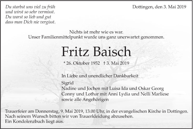  Traueranzeige für Fritz Baisch vom 07.05.2019 aus Alb-Bote/Metzinger-Uracher Volksblatt
