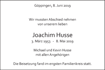 Traueranzeige von Joachim Husse von NWZ Neue Württembergische Zeitung