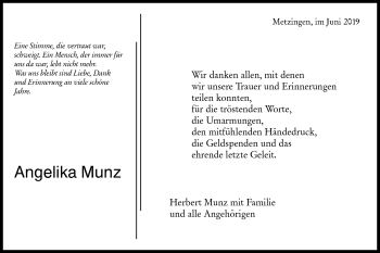 Traueranzeige von Angelika Munz von Metzinger-Uracher Volksblatt