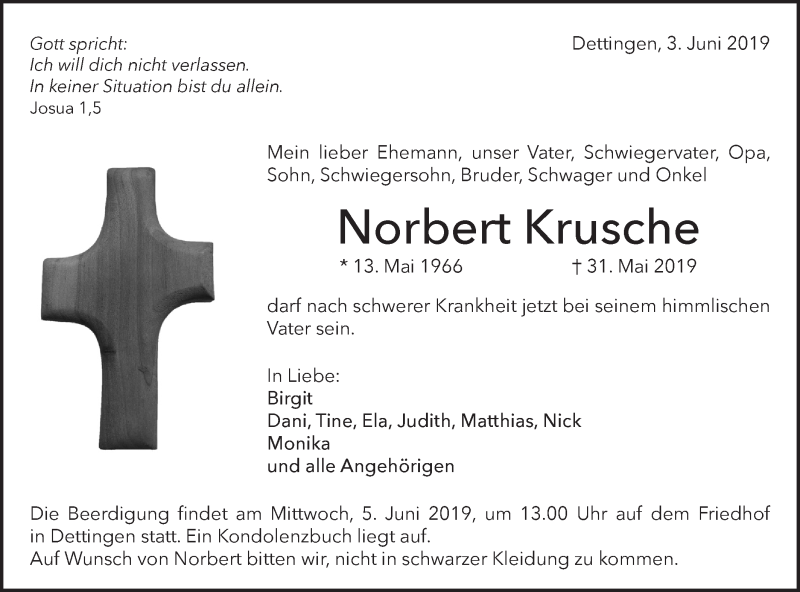  Traueranzeige für Norbert Krusche vom 03.06.2019 aus Alb-Bote/Metzinger-Uracher Volksblatt