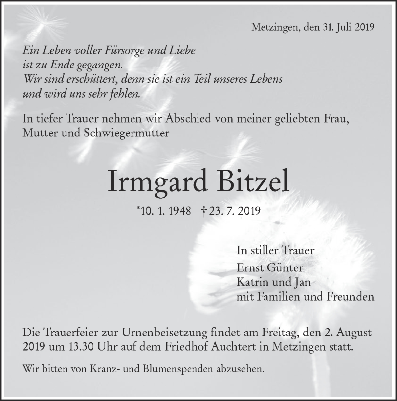 Traueranzeige für Irmgard Bitzel vom 31.07.2019 aus Metzinger-Uracher Volksblatt