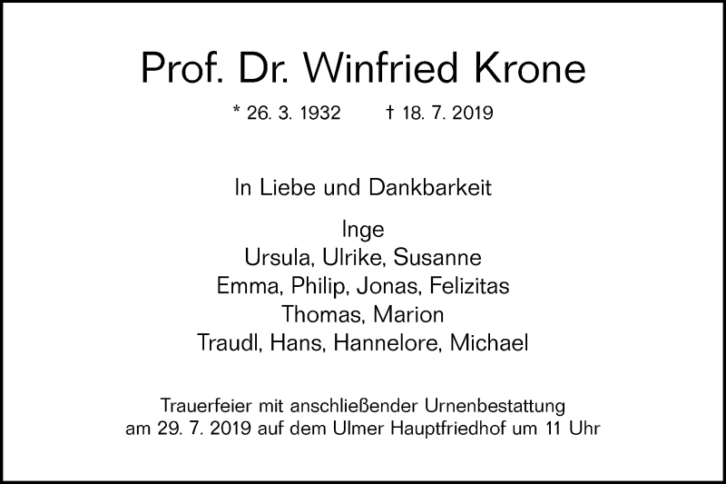  Traueranzeige für Winfried Krone vom 25.07.2019 aus SÜDWEST PRESSE Ausgabe Ulm/Neu-Ulm