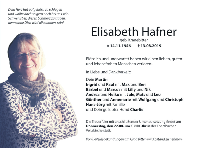  Traueranzeige für Elisabeth Hafner vom 19.08.2019 aus NWZ Neue Württembergische Zeitung