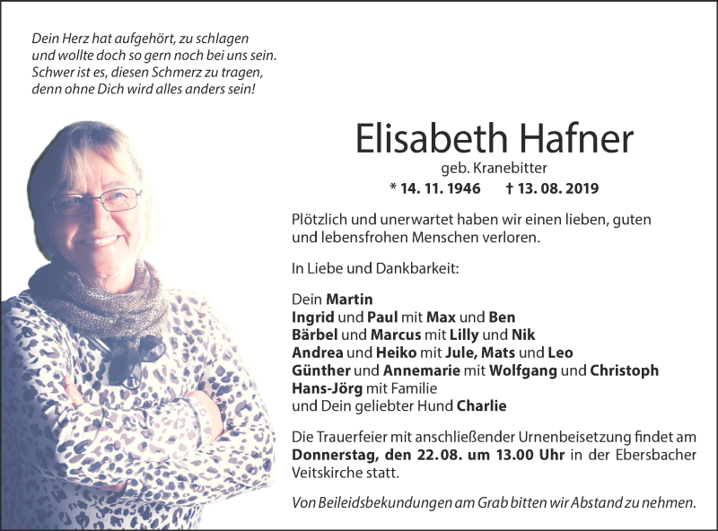  Traueranzeige für Elisabeth Hafner vom 20.08.2019 aus NWZ Neue Württembergische Zeitung