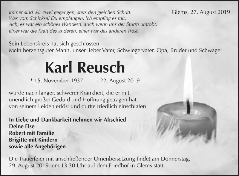  Traueranzeige für Karl Reusch vom 27.08.2019 aus Metzinger-Uracher Volksblatt