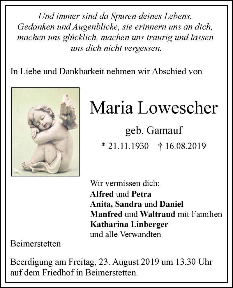  Traueranzeige für Maria Lowescher vom 20.08.2019 aus SÜDWEST PRESSE Ausgabe Ulm/Neu-Ulm